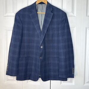 Jos A Bank Linen Tailored Fit 44S Blue‎ Window pane Plaid Men's Blazer EUC